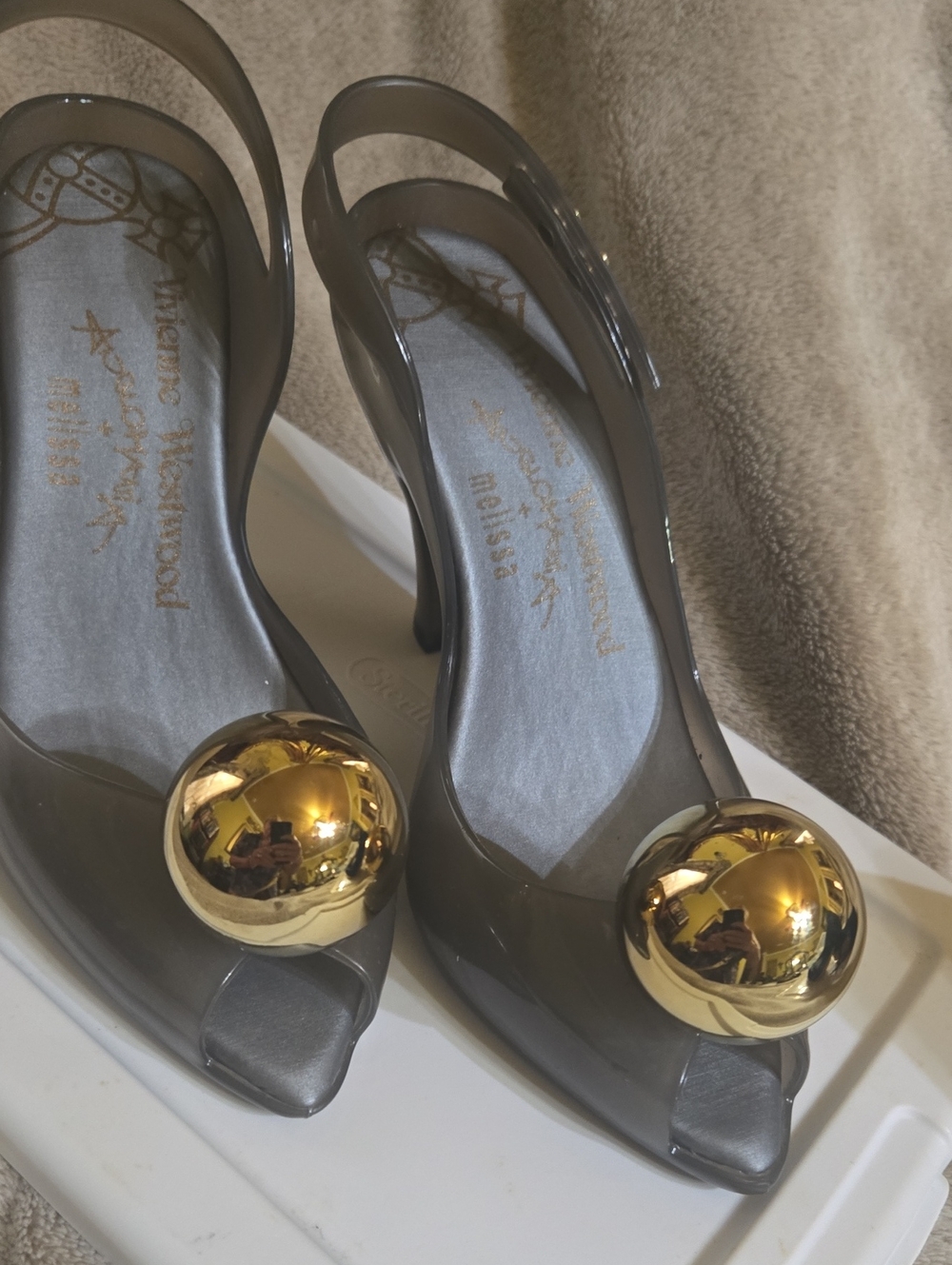 Vivienne Westwood Melissa Gray Slingback Heels with Gold Ball Accent - Picture 3 of 6